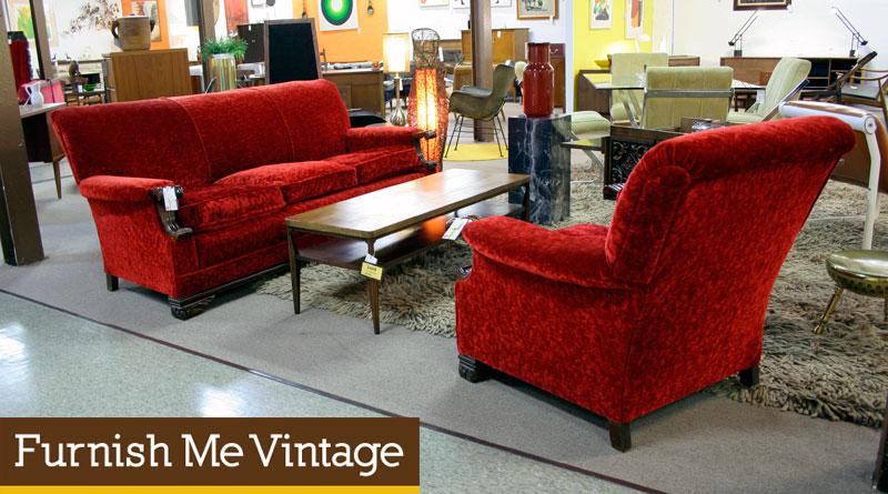 Vintage Red Velvet Sofa And Chair