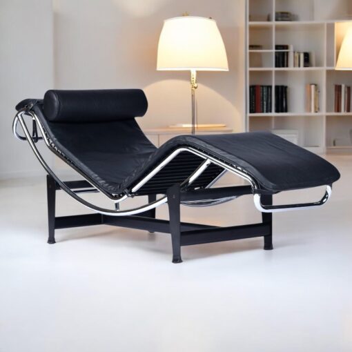 LeCorbusier LC4 Style Reproduction Black Leather Adjustable Chaise Lounge