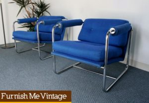 2 Retro Royal Blue Upholstered Chairs with Chrome Frames