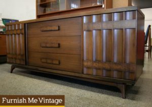 Huge Retro Cherry and Burlwood Triple Dresser Credenza