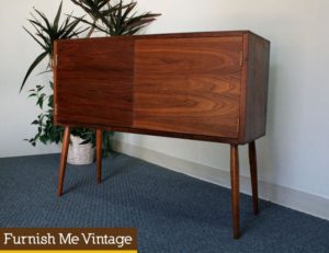 Vintage Small Walnut Wood Clean Line Atomic Leg Cabinet