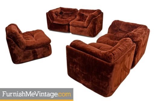 Faux Fur Milo Baughman Style Five-Piece Group Modular Sofa Sectional, 1970s