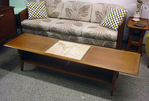 Vintage Modern Long Coffee Table with Stone Inlay