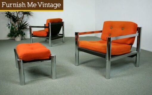 2 Retro Orange and Chrome Lounge Chairs