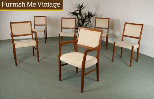 6 Danish Modern Teak Dining Chairs Cream Upholstery