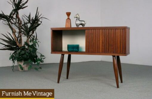 Mid Century Modern Small Narrow Tambour Cabinet