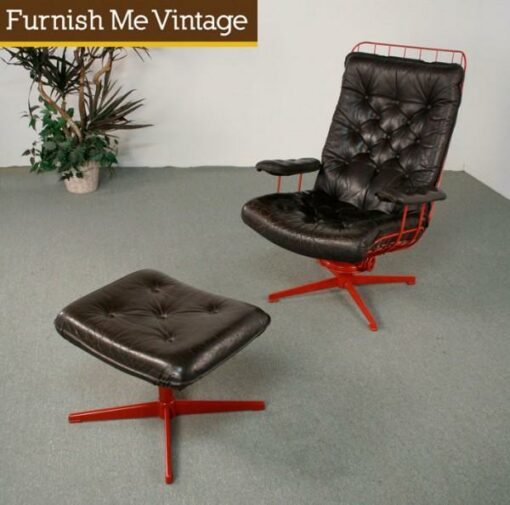 Mid Century Modern Red Wire Lounge Chair & Ottoman