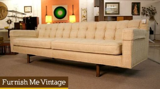 Long Ivory Tweed Mid Century Modern Sofa