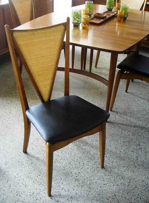 6 Vintage Mid Century Black Vinyl and Wood Chairs