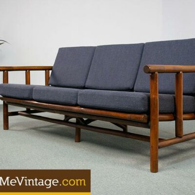 Retro Dark Walnut Rattan Sofa New Cushions