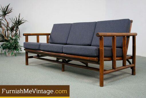 Retro Dark Walnut Rattan Sofa New Cushions