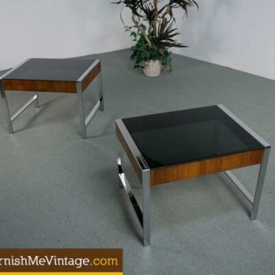 Pair of Post-Modern Chrome and Walnut End Tables