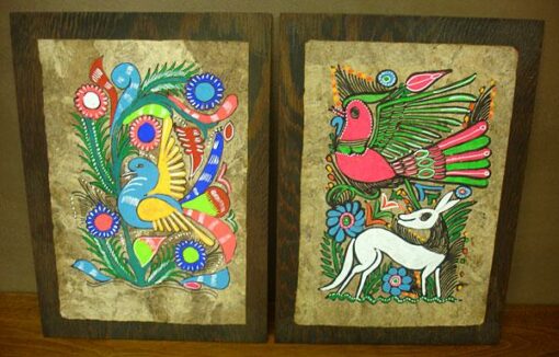 2 Vintage 1960s Amate Bark Paintings