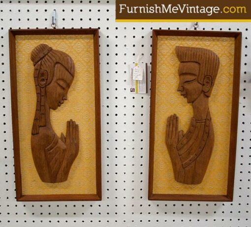 Pair of Mid Century Modern Teak Figural Plaques