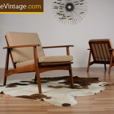 2 Retro Danish Style Arm Chairs Oatmeal Upholstery