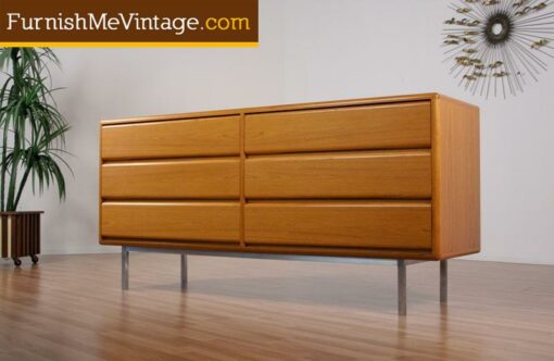 Long Danish Modern Teak Dresser Chrome Base