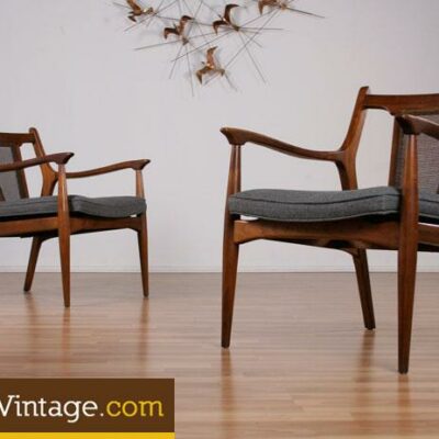 2 Cane Accented Mid Century Modern Lounge Chairs