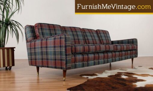 Long Plaid Mid Century Modern Sofa