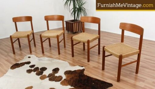 4 Danish Modern Teak Rope Chairs