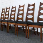 6 Mid Century Modern Walnut & Black Vinyl Dining Chairs