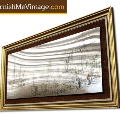 Mid Century Framed Stainless Steel Harbor Scene