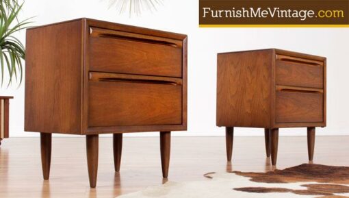 Pair of Minimalist Mid Century Modern Walnut Nightstands