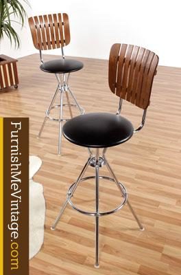 Pair of Mid Century Modern Slat Back and Chrome Bar Stools