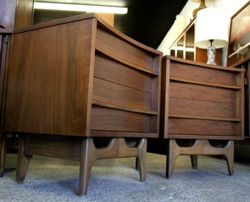 2 Mid Century Modern Walnut Nightstands with Drawers