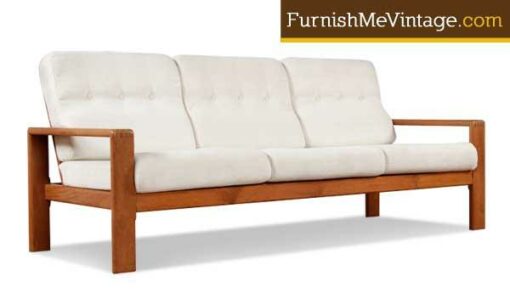 Restored Vintage Solid Teak Sofa in Cream