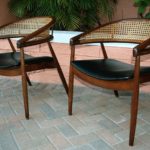 2 Danish Style Black Vinyl & Rattan Lounge Chairs by Thonet