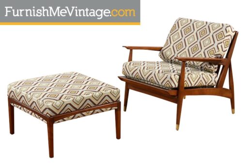 Restored Mid Century Modern Patterned Chair with Ottoman
