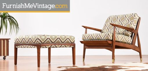 Restored Mid Century Modern Patterned Chair with Ottoman