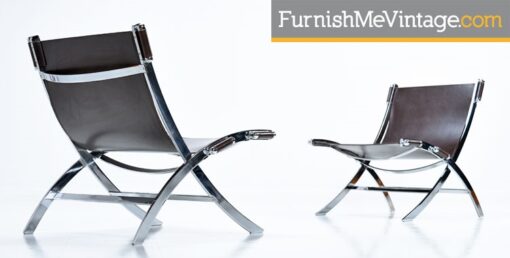 Pair of Modern Leather and Chrome Sling Chairs
