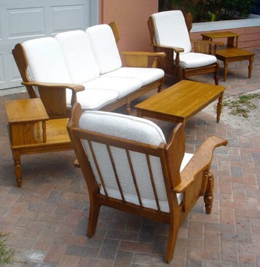 Vintage Solid Oak and White Upholstery Complete Living Room Set