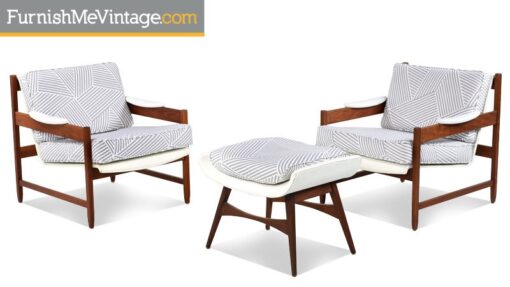 Pair of Mid Century Modern Arm Chairs with Ottoman