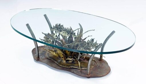 Silas Seandel Brutalist Coffee Table Metal Floral Sculpture With Glass Top