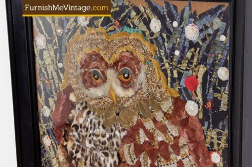 Large Vintage Owl Textile Assemblage Fiber Art