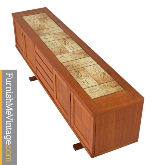 Gangso Mobler Long Danish Teak Autumnal Themed Tile Top Parquet Buffet Credenza