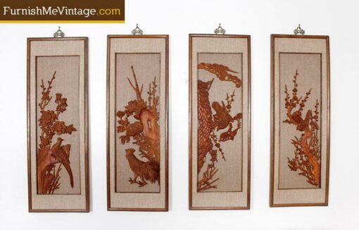 4 Panel Mid Century Teak Birds Wall Hanging