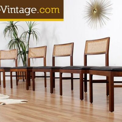 Set of six mid century modern cane back walnut dining chairs