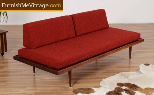 Mid century modern daybed restored with new red tweed upholstery