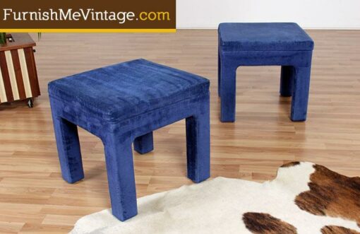 Pair of cobalt blue fuzzy vintage ottomans