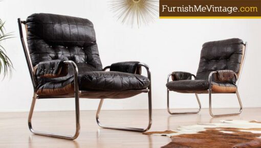 Pair of Mid Century Modern Leather and Chrome Chairs