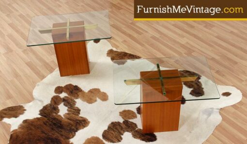 Set of (2) Glass Top Teak End Tables