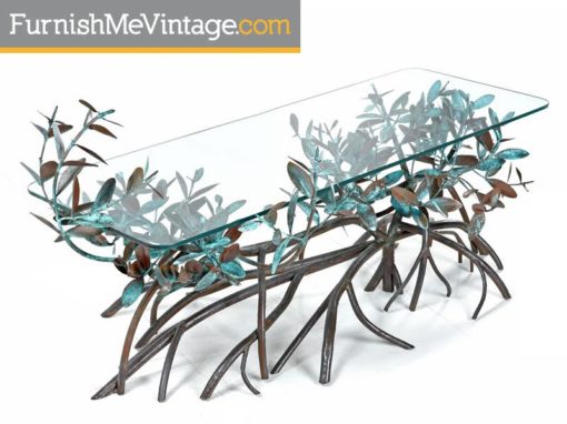 Mid-Century Silas Seandel Style Metal Mangrove Tree Leaf Glass Top Coffee Table