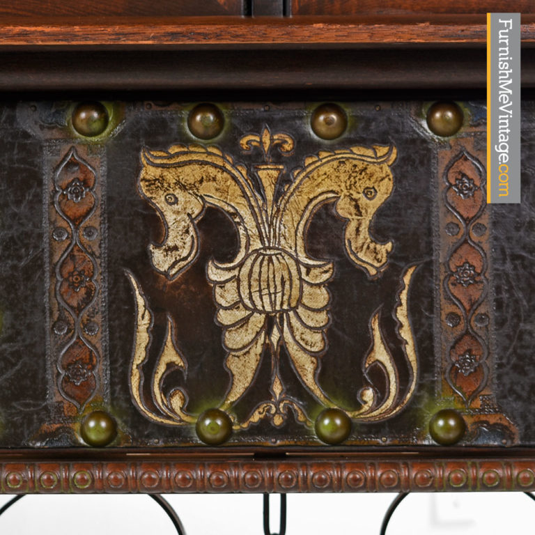 Gothic Revival Hutch - Medieval Dragon Motif Mahogany Cabinet