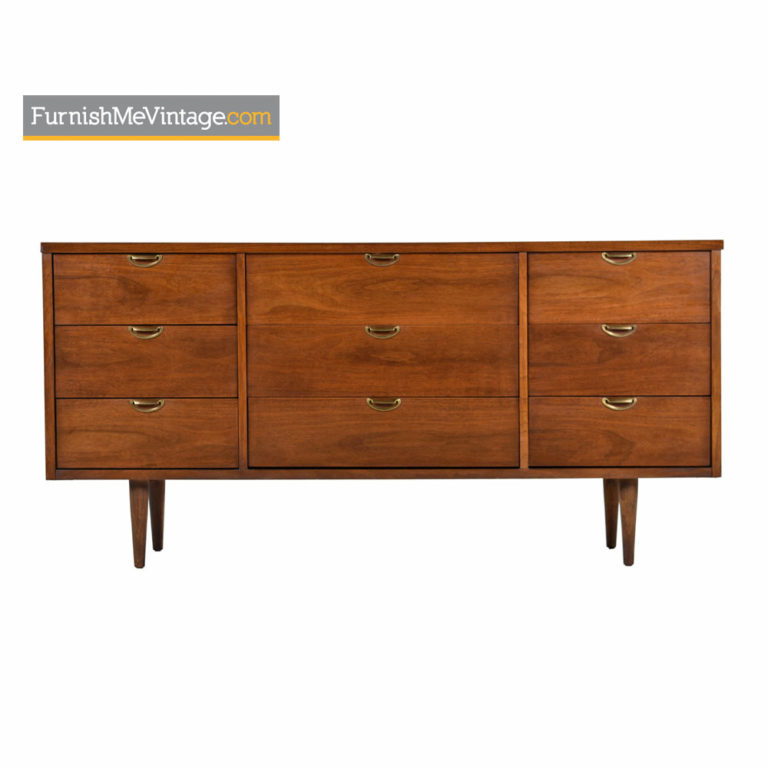 Bassett Dresser Credenza Mid Century Modern Walnut & Brass