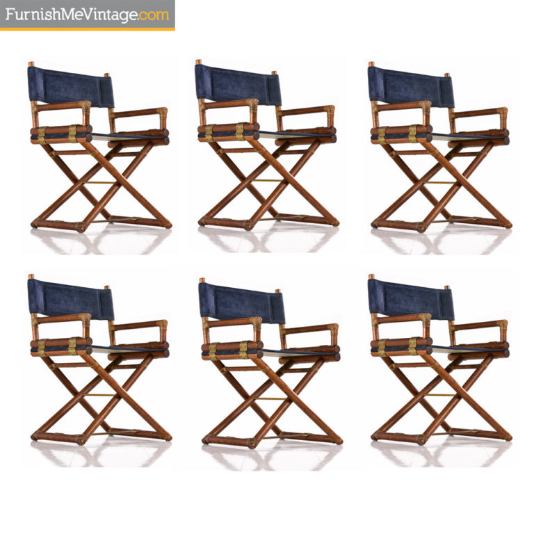 McGuire Directors Chair Vintage Blue Suede Leather Oak & Brass