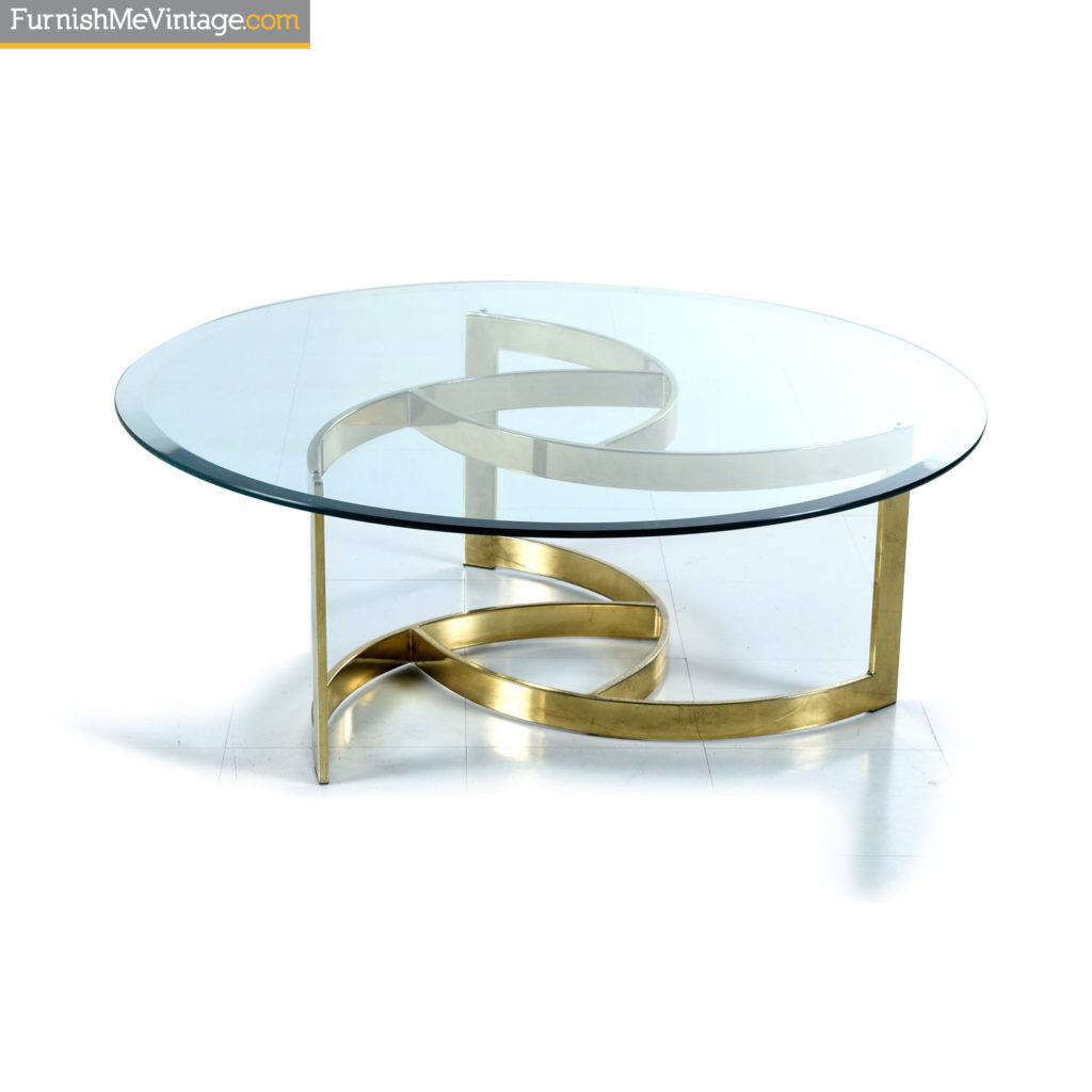 Gold Spiral Coffee Table with Circular Glass Top on Brass Base