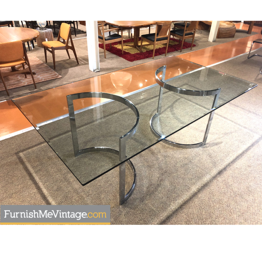 Milo Baughman Glass Table with Chrome Crescent Pedestal Bases